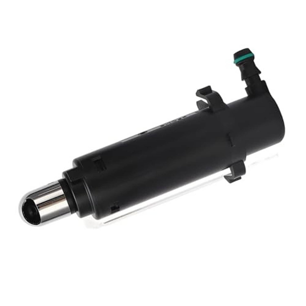 Headlight washer nozzle jet with black housing and chrome outlet end, including green connector