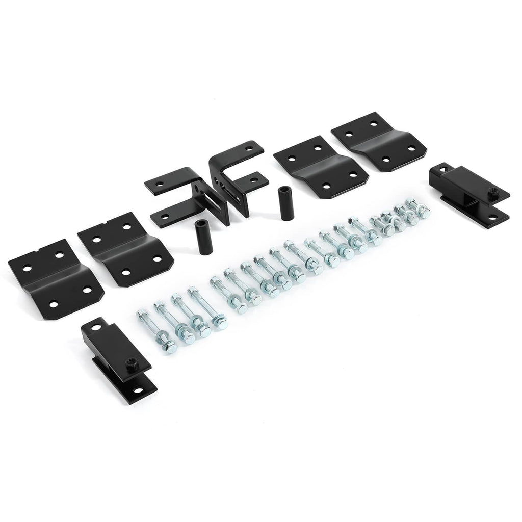 Black steel lift kit brackets and spacers with bolts, washers, and mounting pins