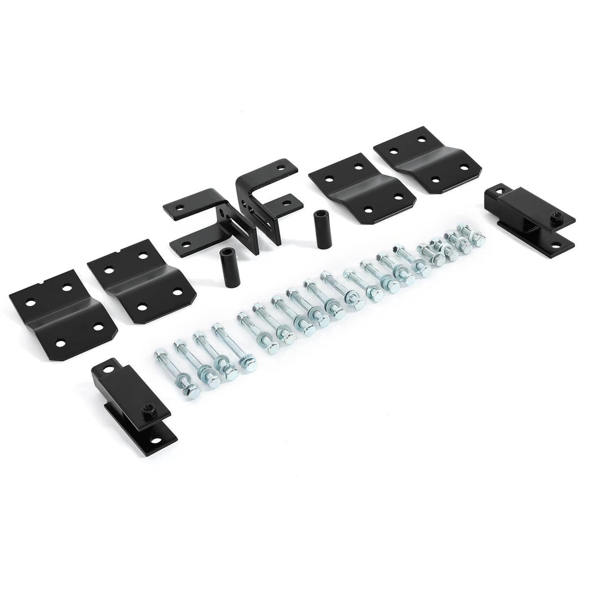 Black steel lift kit brackets and spacers with bolts, washers, and mounting pins