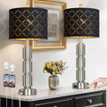 Set of 2 table lamps with black diamond-pattern shades and brushed metal column bases