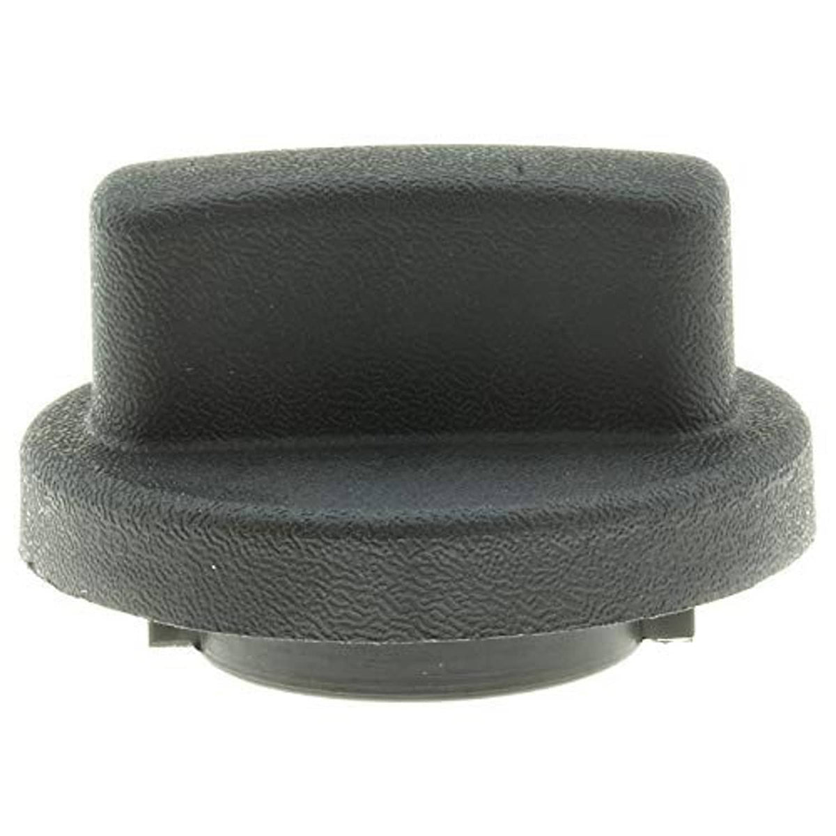 Dark fuel tank cap with domed top, flat base, and side attachment tabs