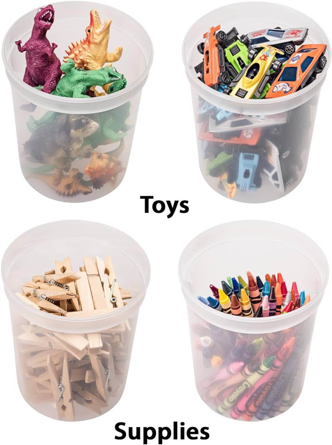 Clear deli containers with white lids filled with toys and crafting supplies
