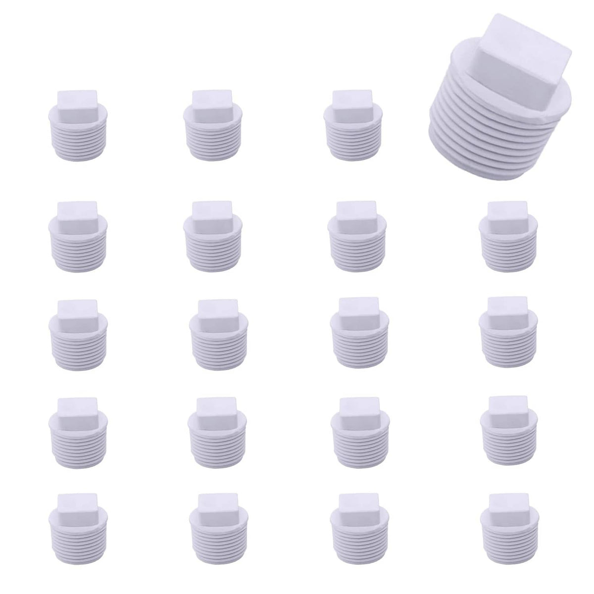 White PVC threaded plug caps with ridged threads for 1/2 in pipe ends