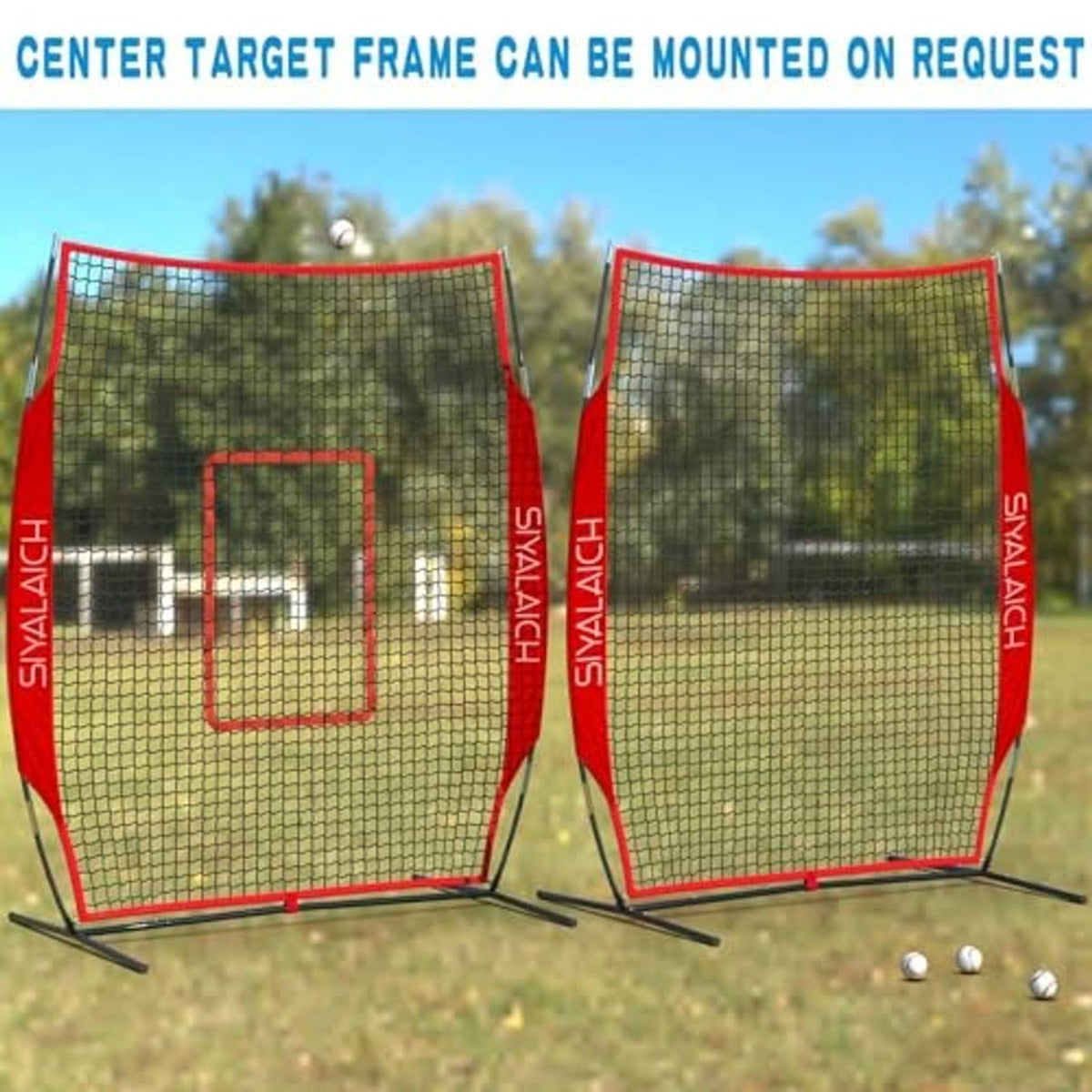 Set of two pitching screens with white mesh and red frames, each with target box