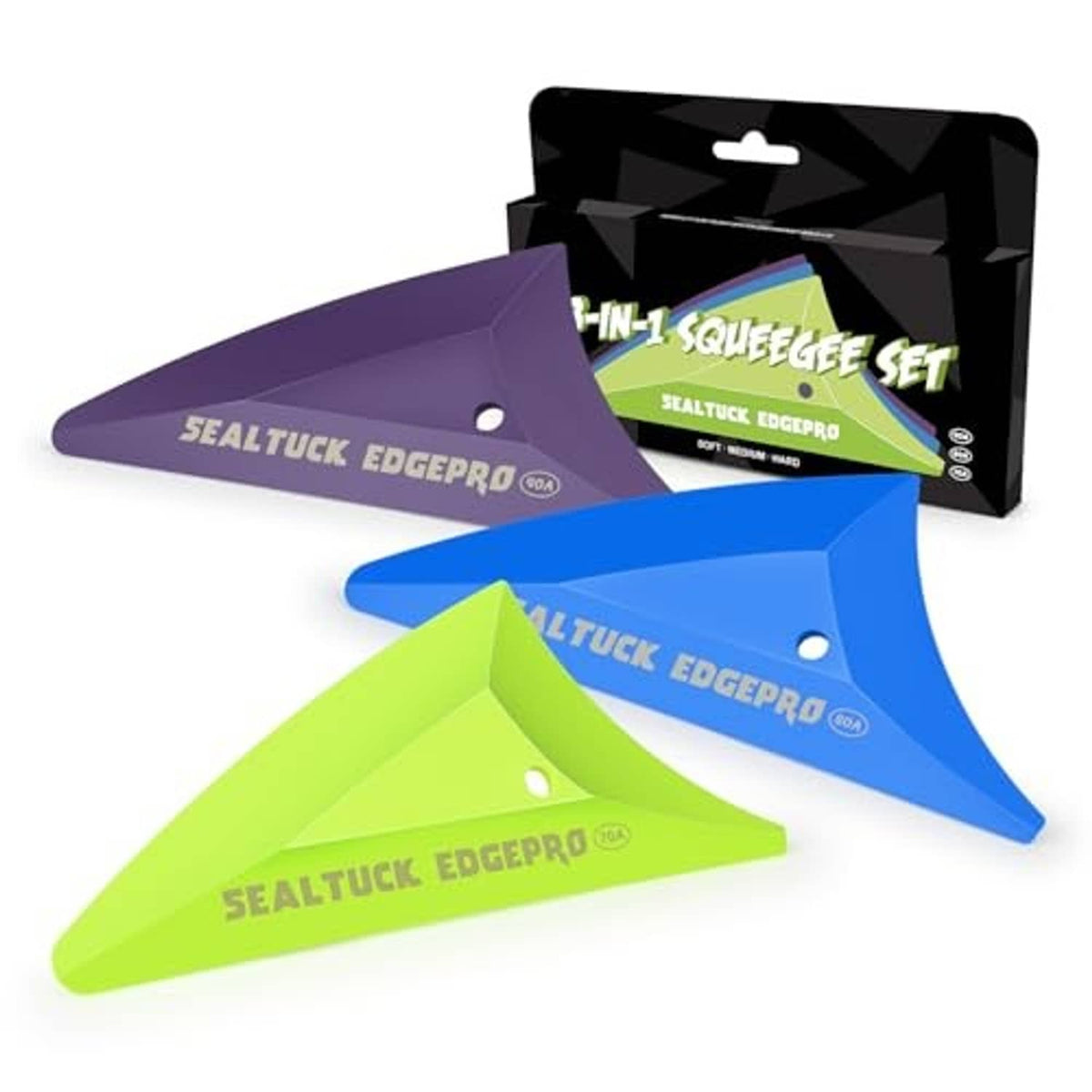 Triangle window tint squeegee set with purple, blue, and green tools