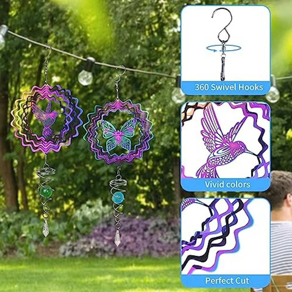 Pair of butterfly wind spinners with multicolor ruffled discs and blue orb spiral tails