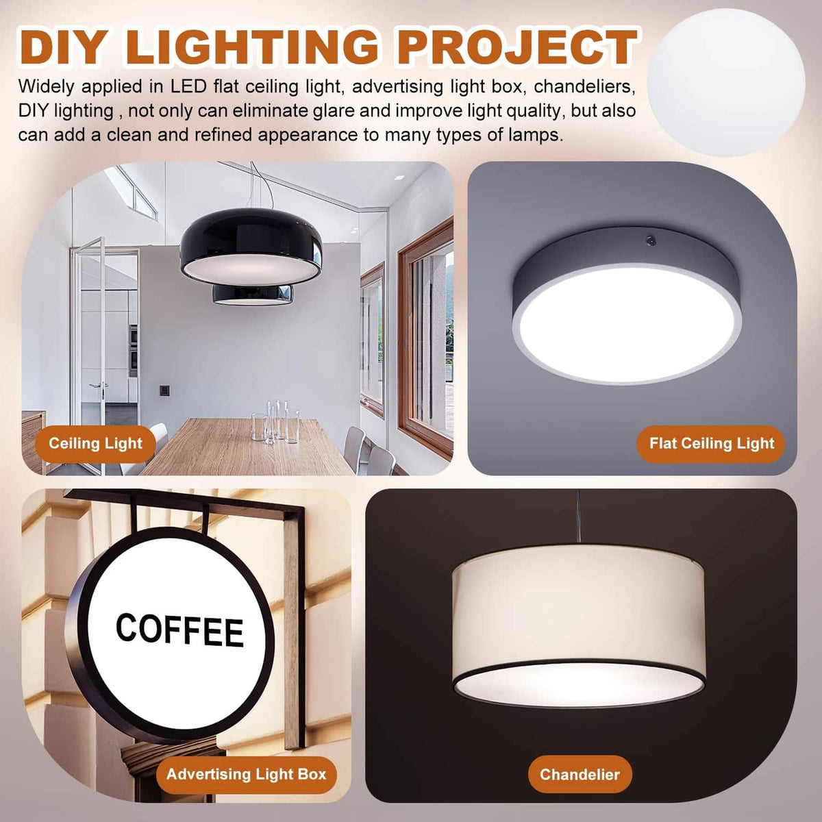 Round white lampshade diffuser used in flush-mount and ceiling light fixtures