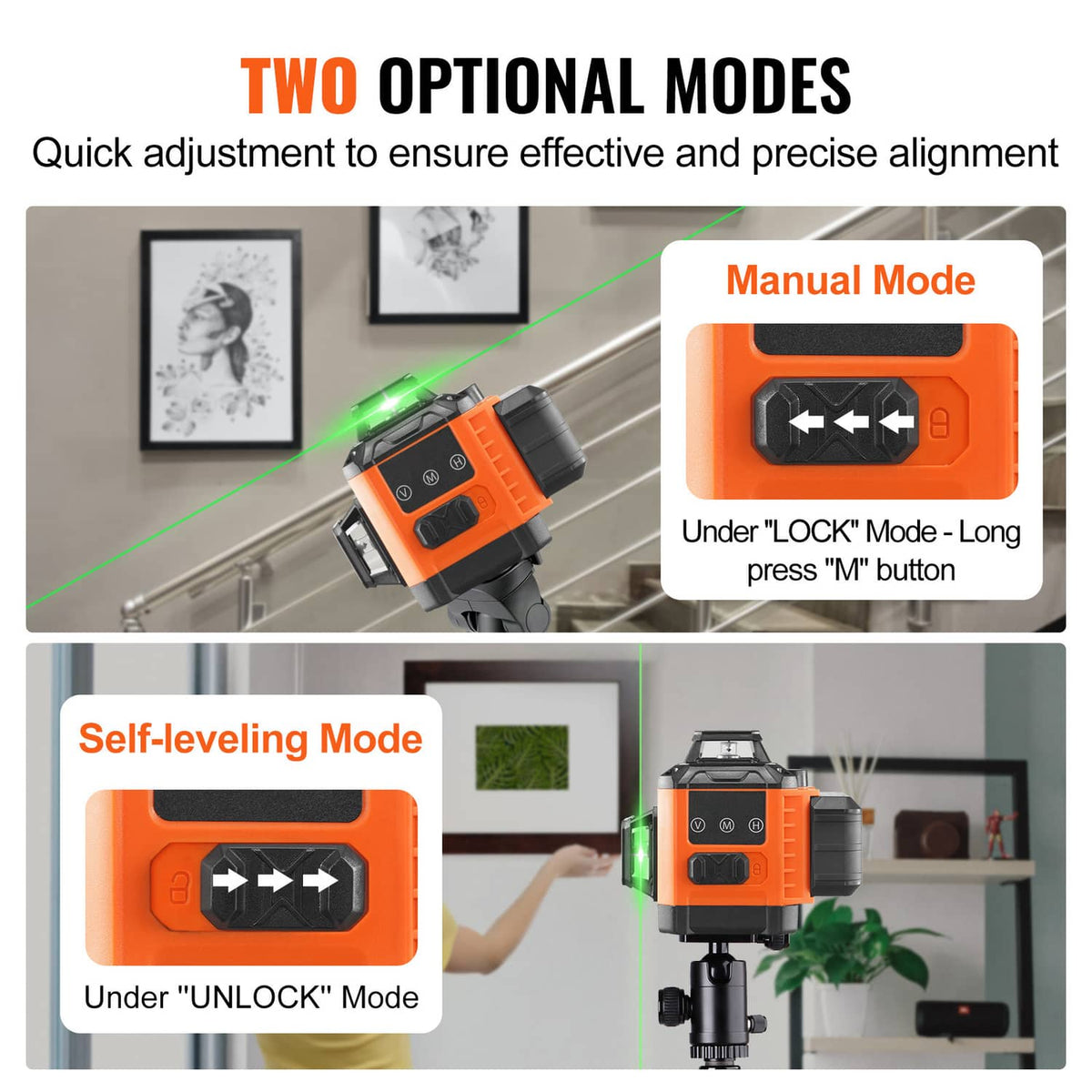 Orange cross-line laser level with control buttons for manual and self-leveling use