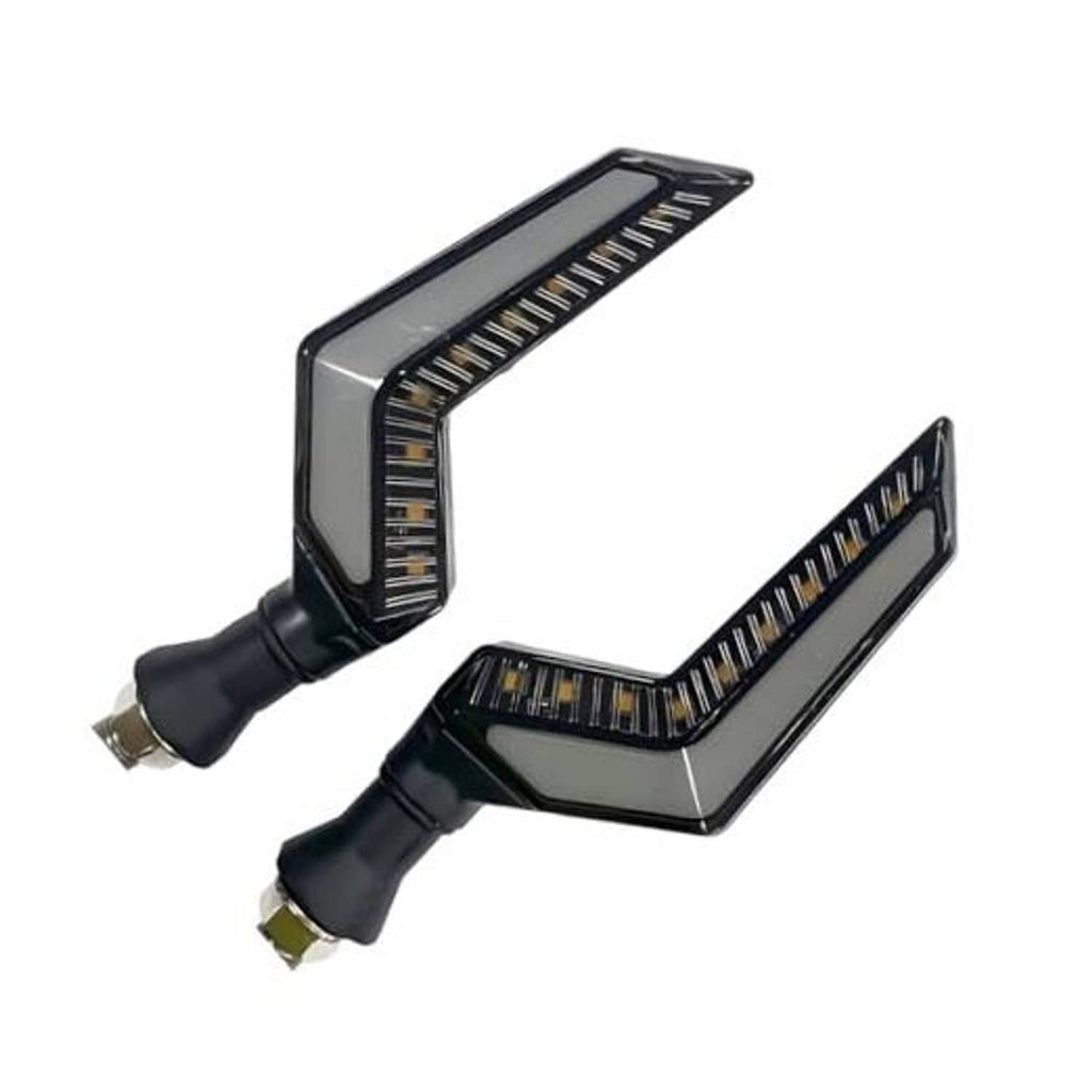 Pair of black LED motorcycle turn signal lights with clear lens and blue glowing strip