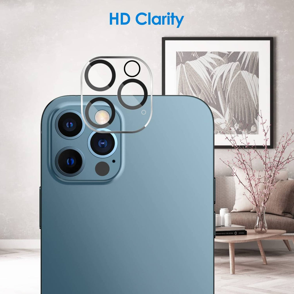 Transparent camera lens protector on a blue iPhone back, covering the lens module