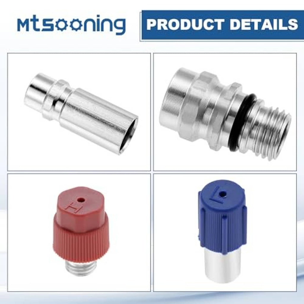Metal connector ends and red/blue service port seal caps for A/C valve core fitting
