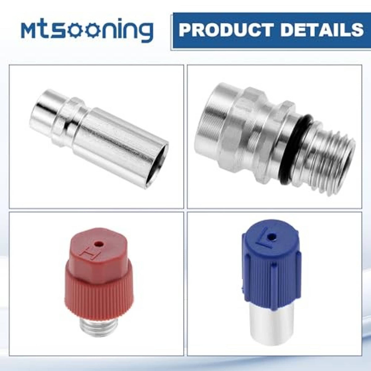 Metal connector ends and red/blue service port seal caps for A/C valve core fitting
