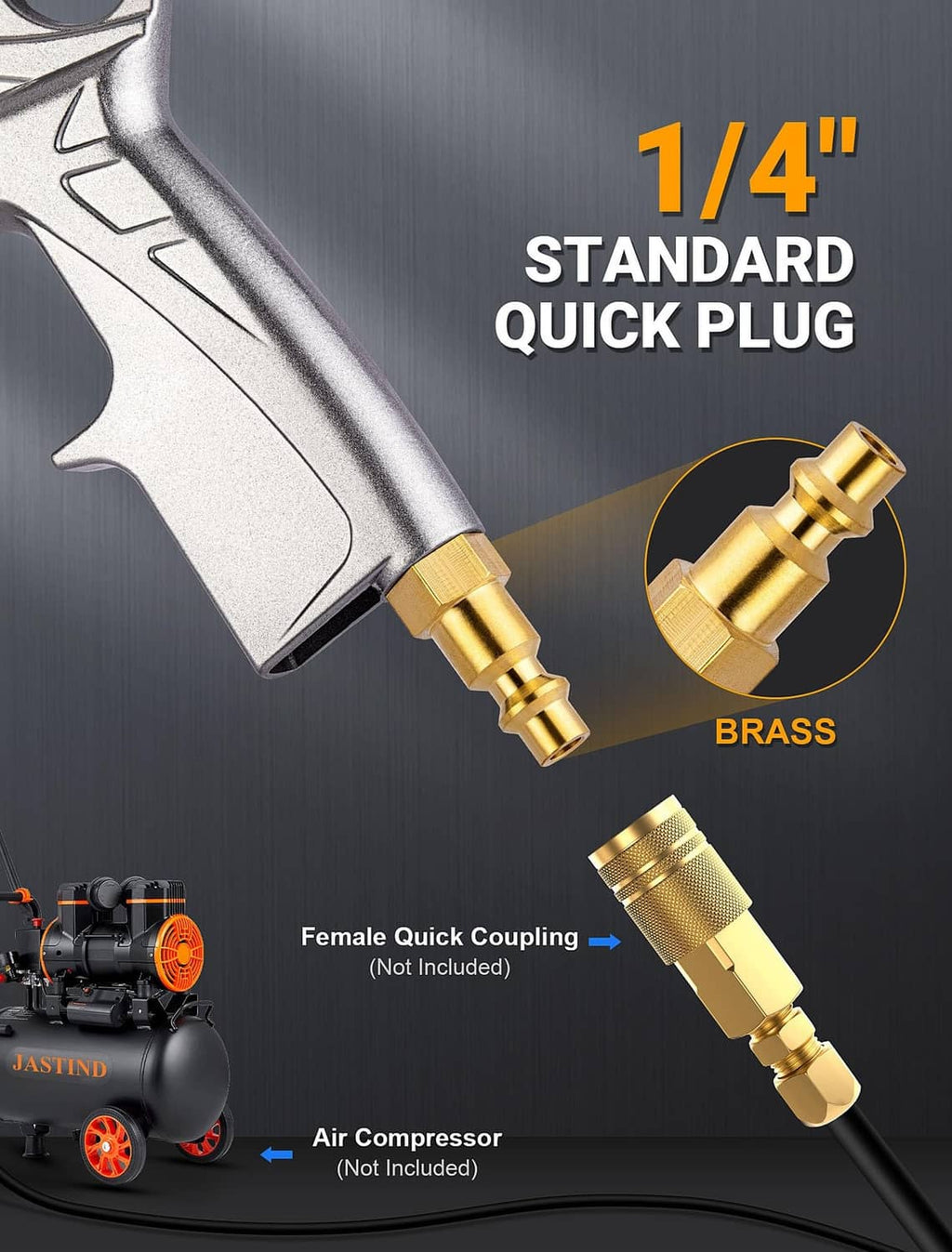 Silver quick-connect air nozzle with brass 1/4" plug fitting, close-up