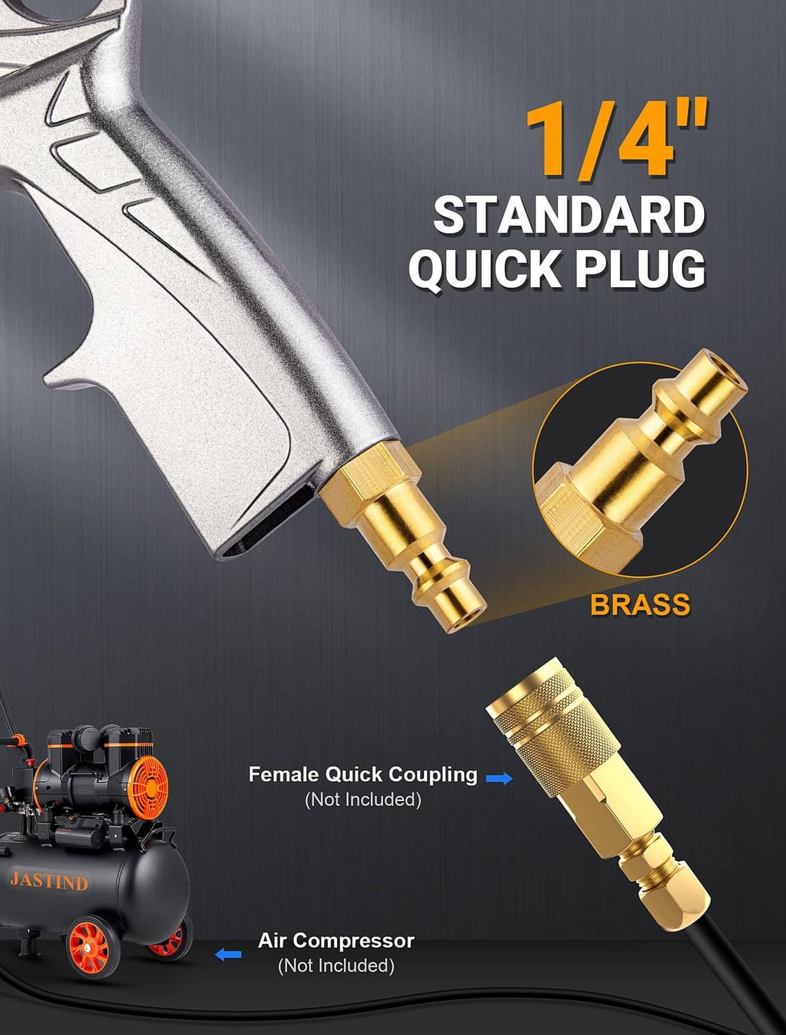 Silver quick-connect air nozzle with brass 1/4" plug fitting, close-up