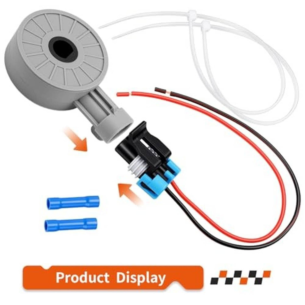 Gray sensor housing with black-blue connector and red/black wires plus white cable ties
