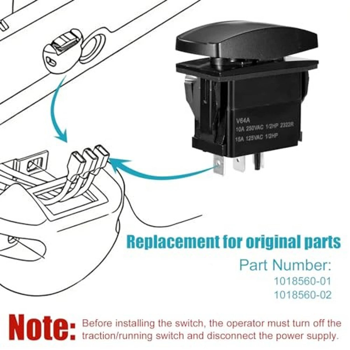 Electric golf cart forward reverse switch with connector pins and wiring illustration