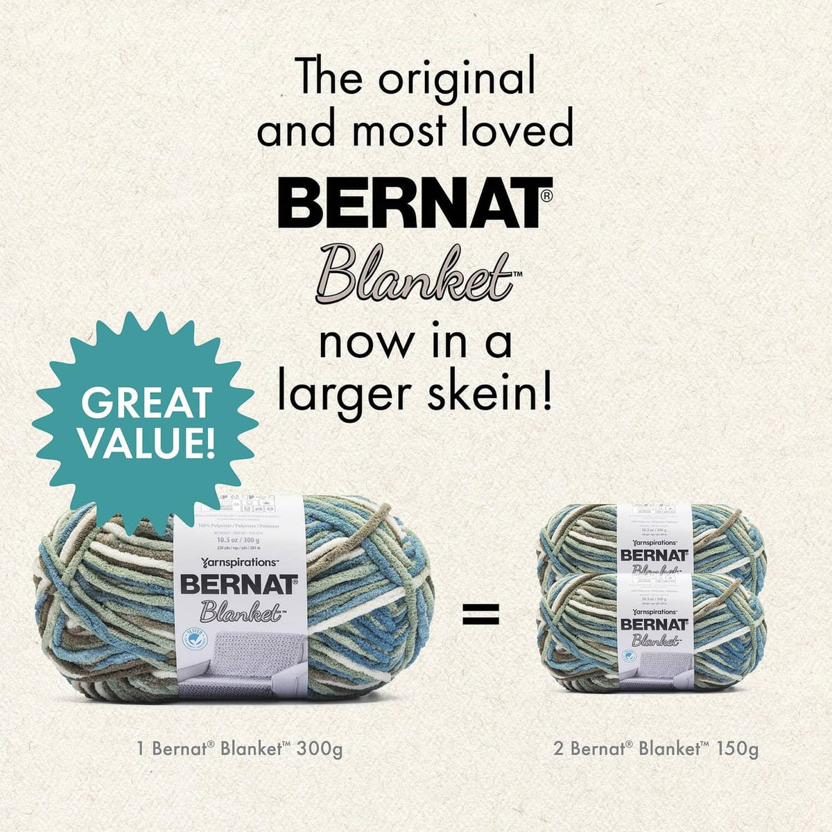 Two Bernat Blanket yarn skeins in teal, blue, and green heather tones