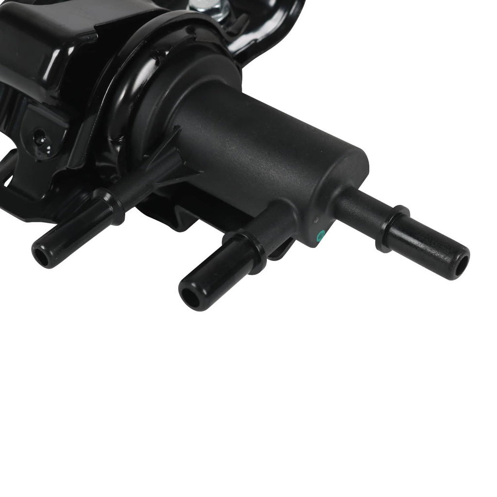 Fuel tank valve assembly with black plastic body and two hose outlet ports