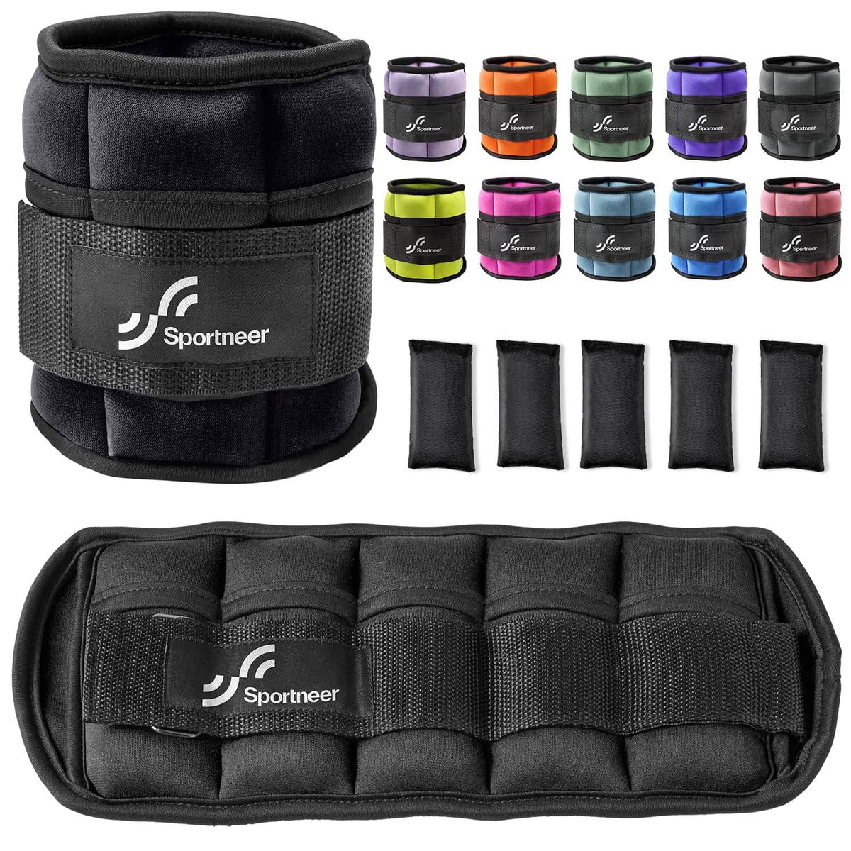 Black adjustable weighted ankle weights set with 2 sandbags and velcro straps