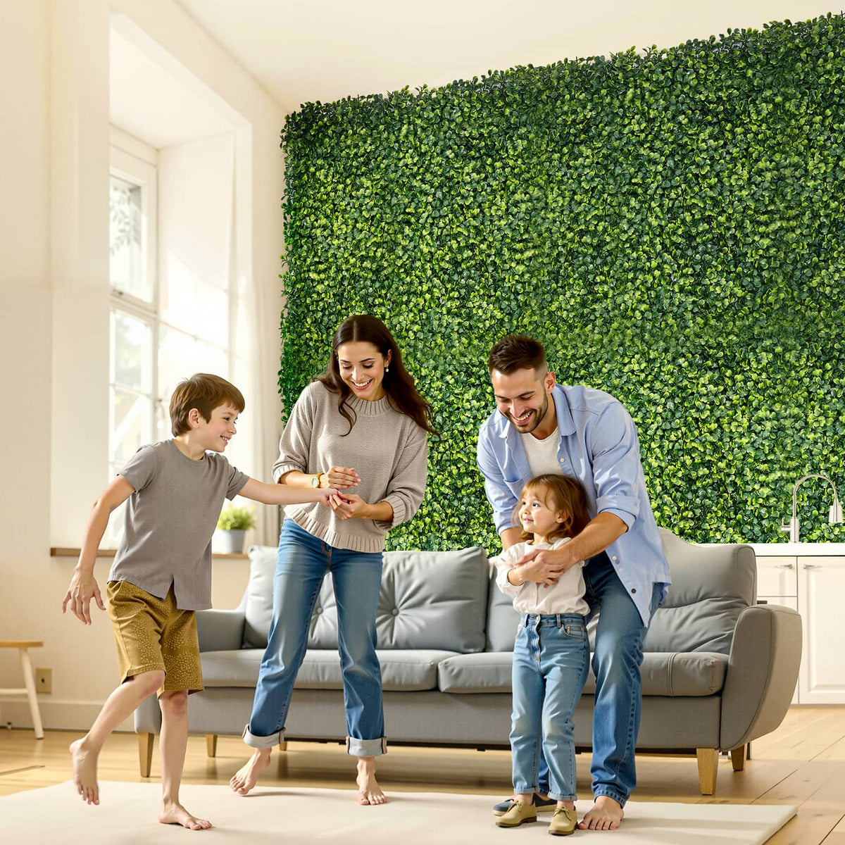 Green artificial grass wall decor backdrop behind a family on a living room sofa