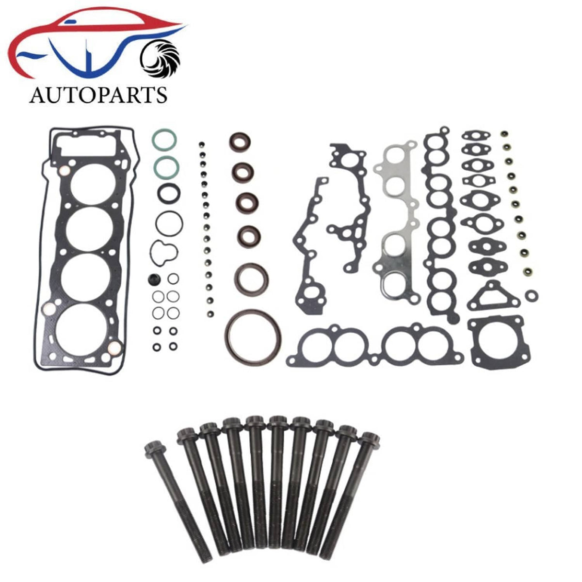 Engine head gasket set with bolts: gasket pieces plus threaded bolts in one package view.