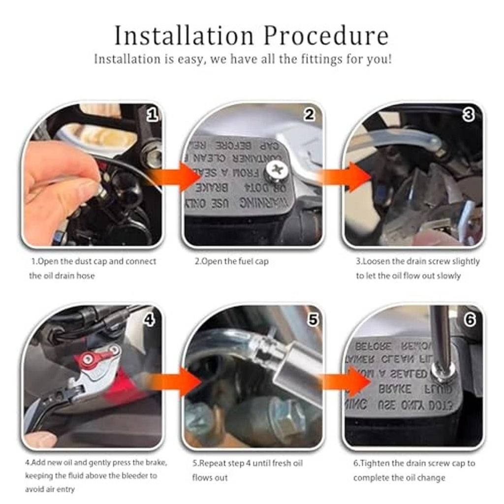 Brake bleeder installation parts: inlet line, fuel cap adapter, and drain line caps