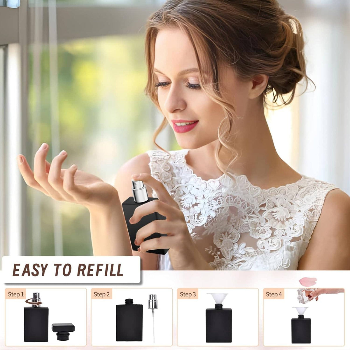 Woman holding a clear perfume atomizer bottle with black pump sprayer