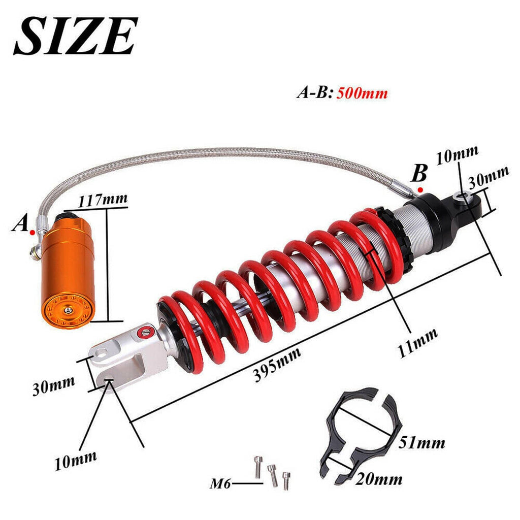 Air shock absorber size diagram showing orange reservoir, red spring, and mounting points