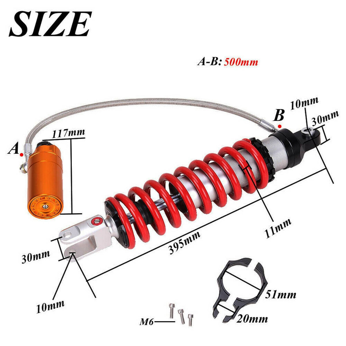 Air shock absorber size diagram showing orange reservoir, red spring, and mounting points