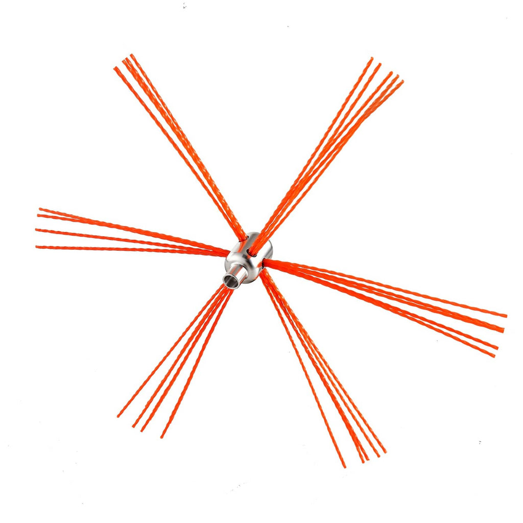 Spinning chimney brush head with dense orange bristles attached to metal hub