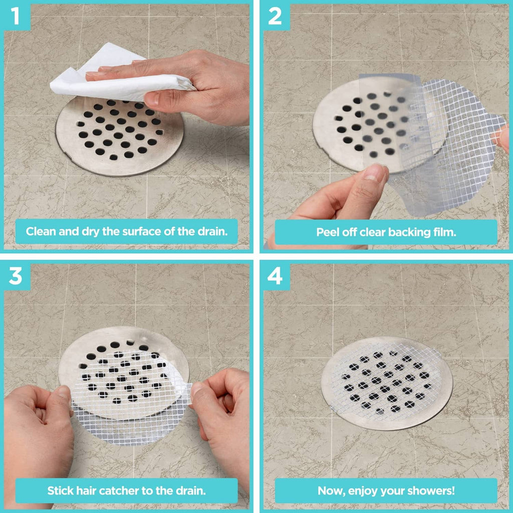 Step-by-step use of a white mesh shower drain hair catcher on a bathroom drain