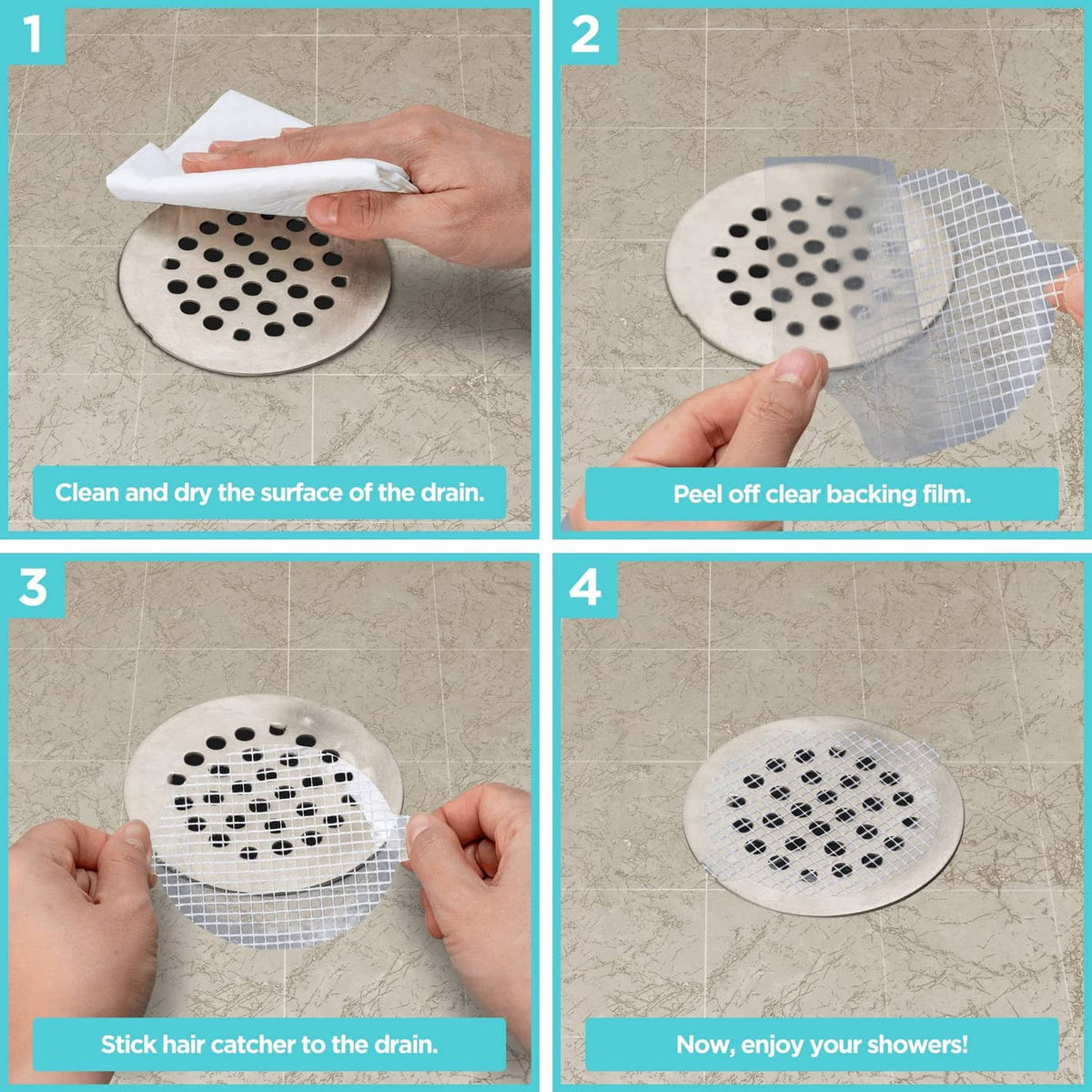 Step-by-step use of a white mesh shower drain hair catcher on a bathroom drain