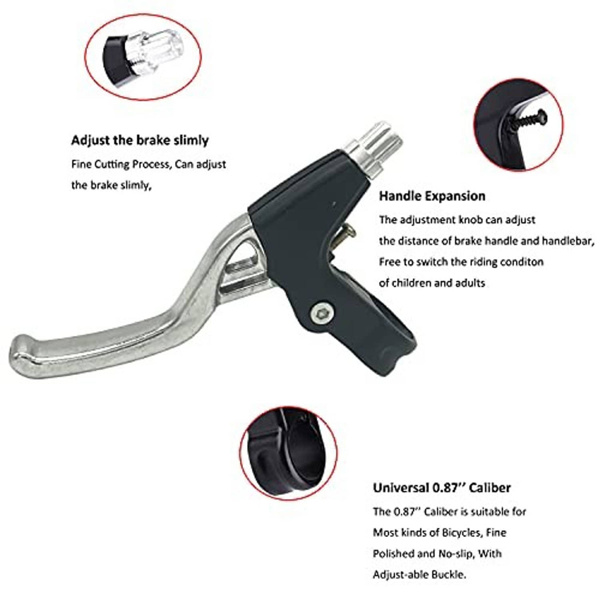 Adjustable bicycle brake lever with silver curved arm and black handle, screw adjustment