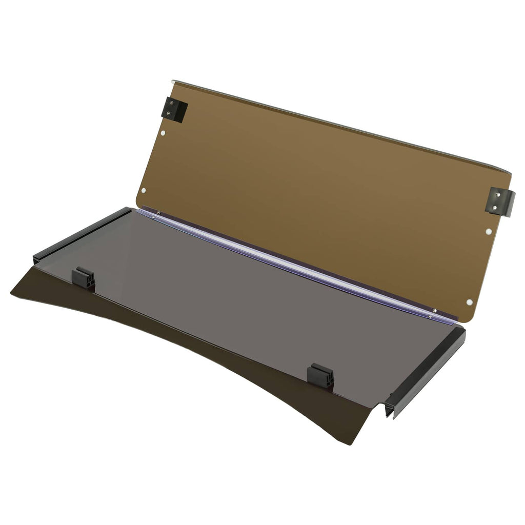 Fold-down tinted windshield panel with mounting brackets and dark base, EZGO TXT