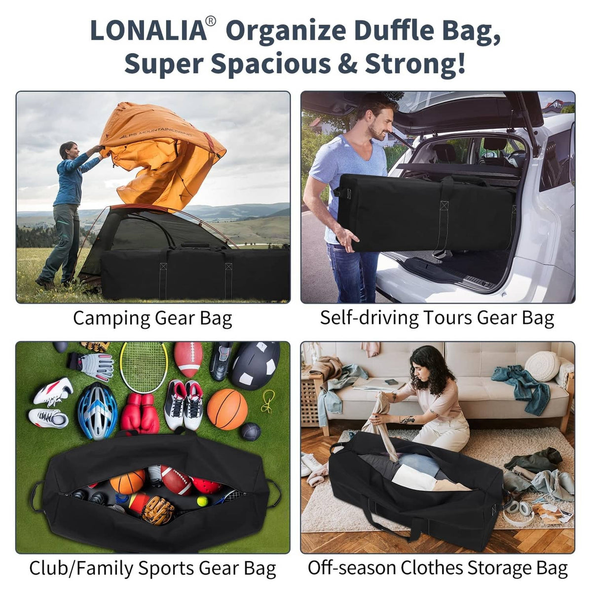 Black duffel bag shown open as a travel gear organizer with compartments.
