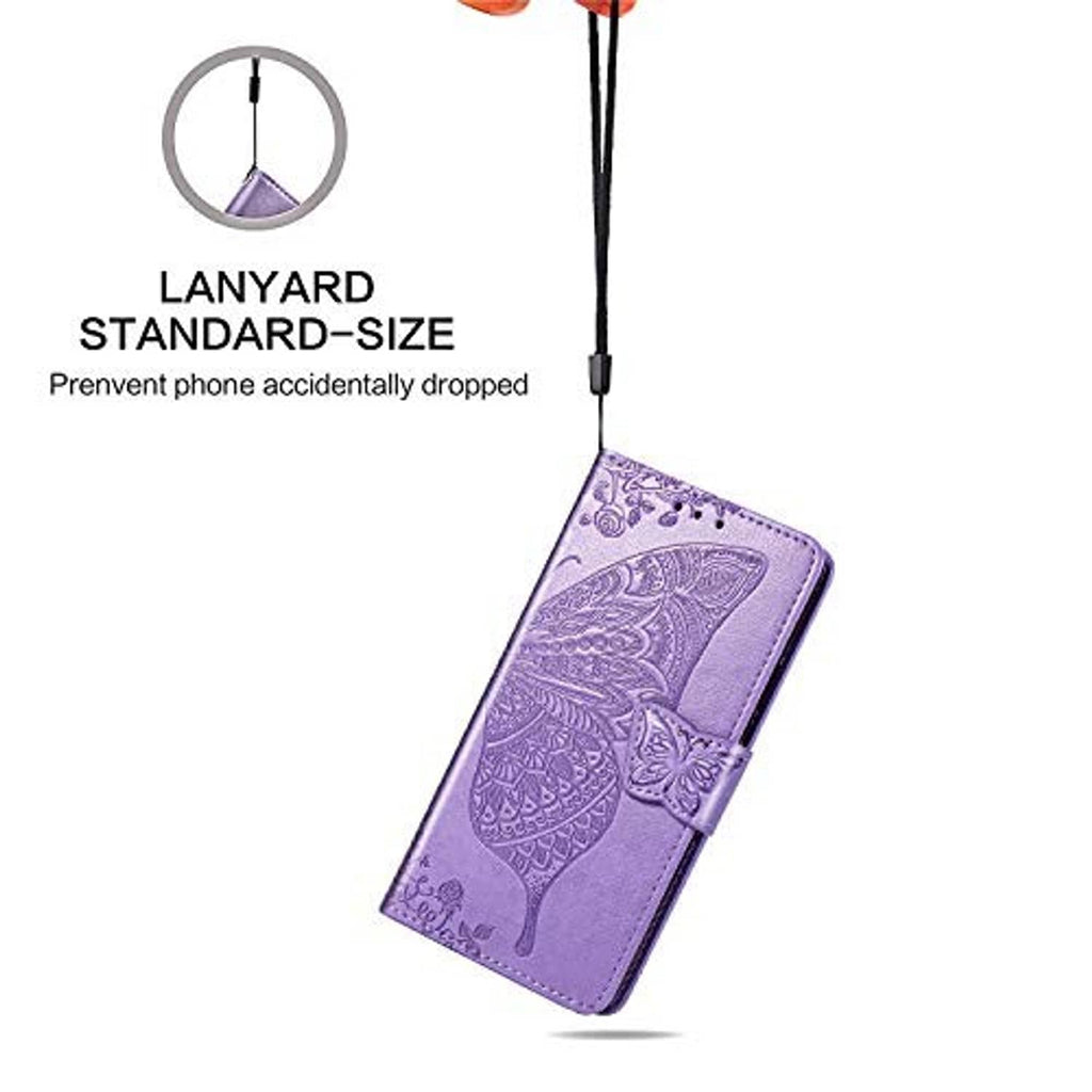 Light purple folio phone case with lanyard strap, embossed cat design, magnetic closure