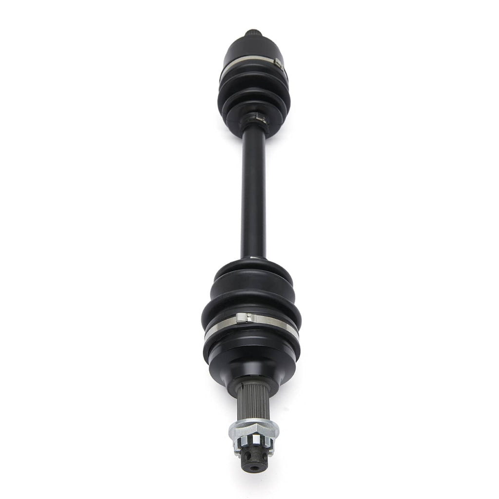 Straight-on view of CV axle drive shaft with black boots and metal coupler