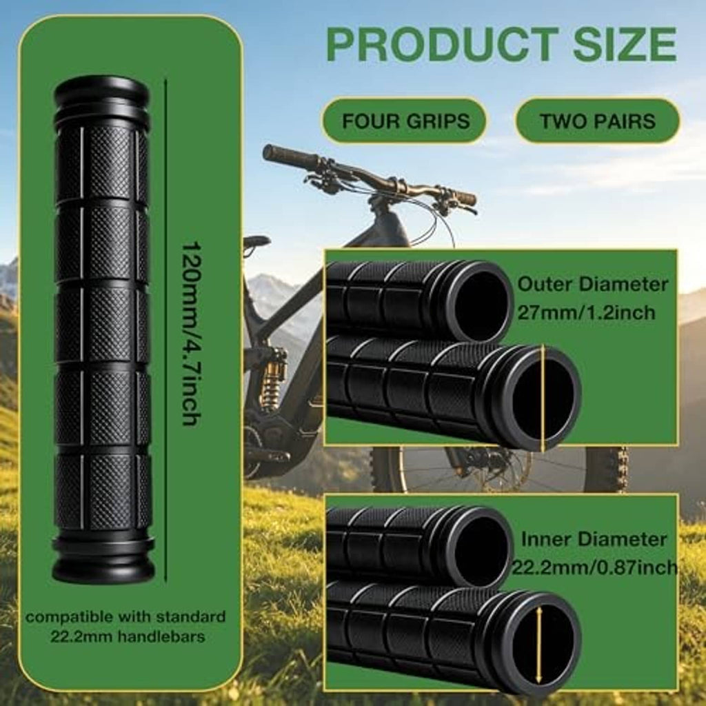 Black rubber bike handlebar grips with product size diagram and compatibility inset