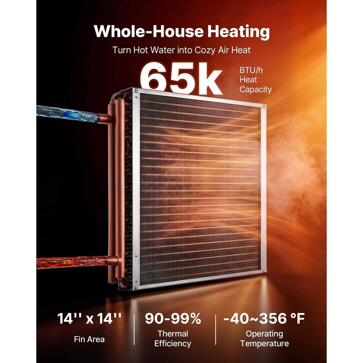 Water-to-air heat exchanger coil with brown fin core and copper inlet/outlet pipes