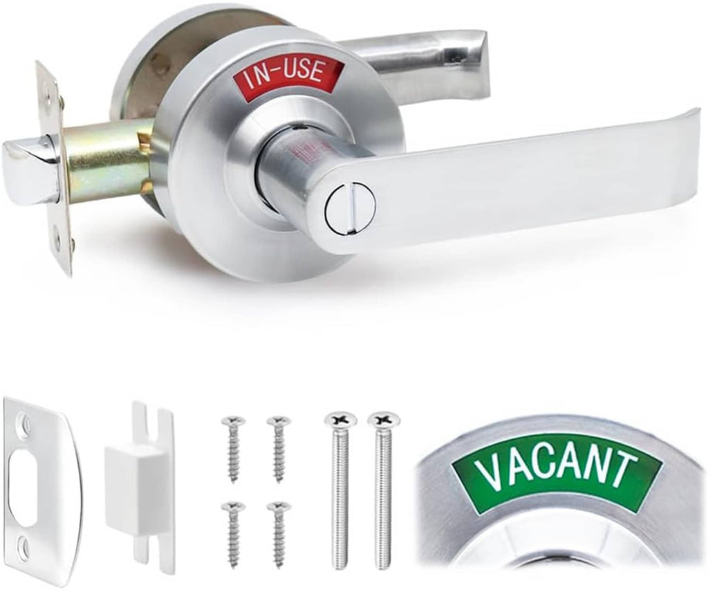 Bathroom privacy door lock with lever handle, vacant indicator badge and in-use mark