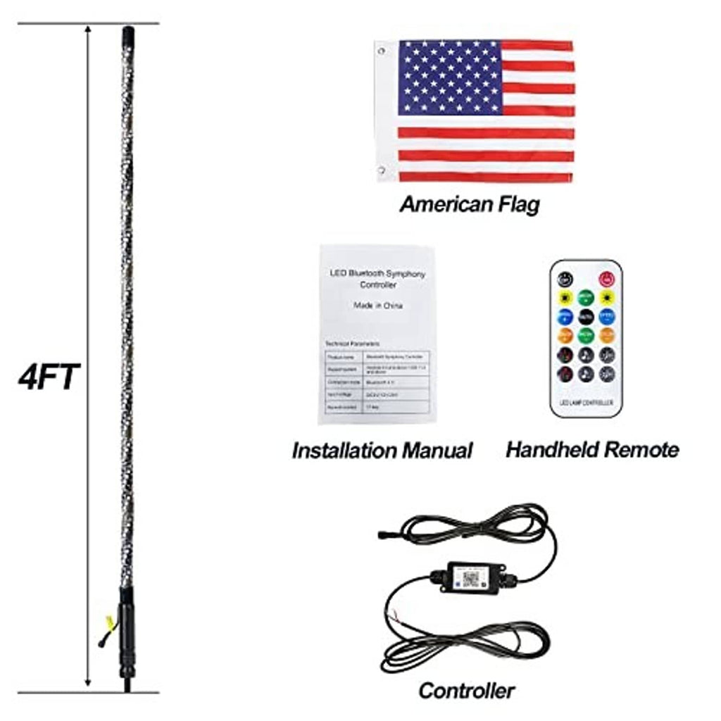 4 ft LED whip light, handheld remote, controller box, and installation manual diagram