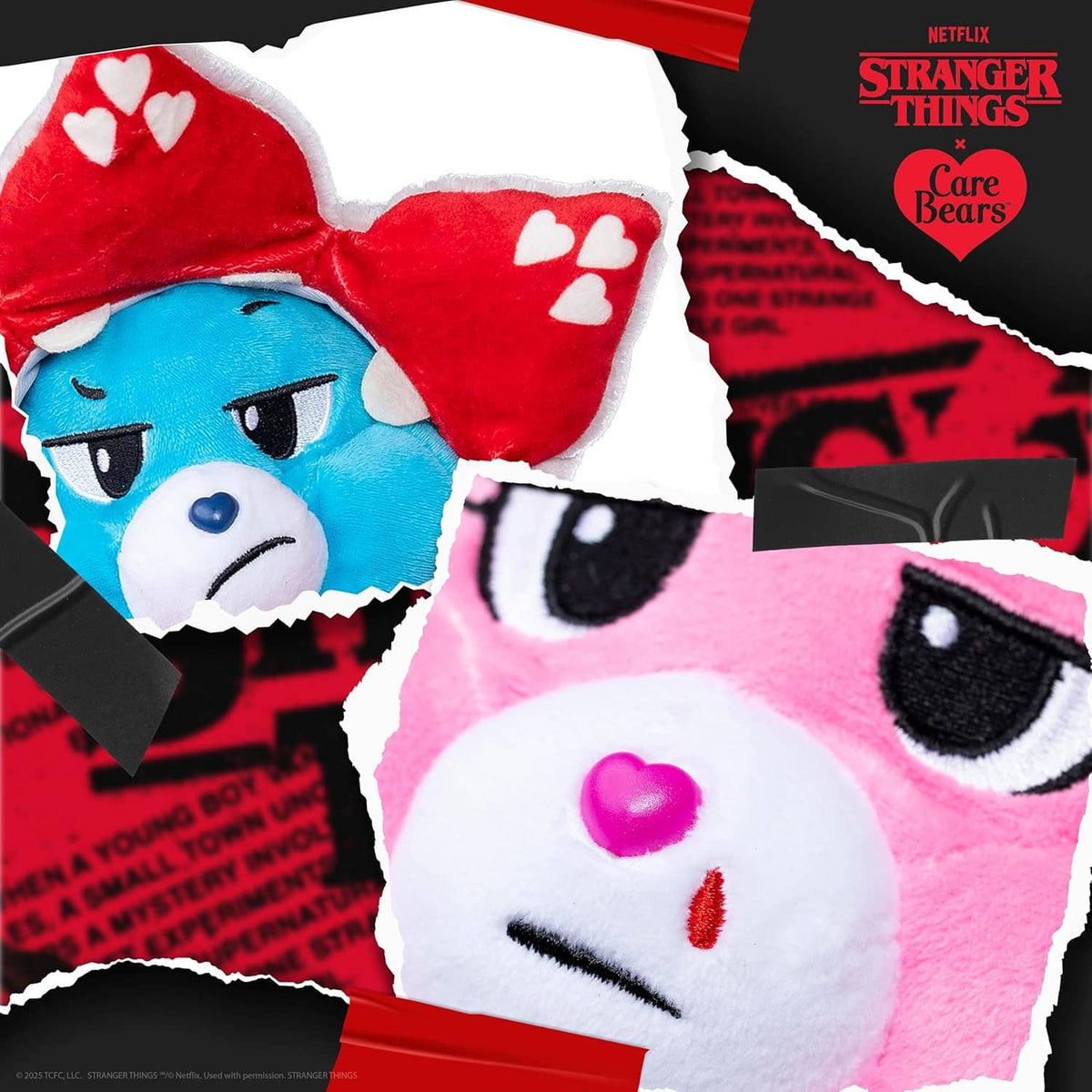 Close-up plush bear faces with red heart hood and pink bear snout