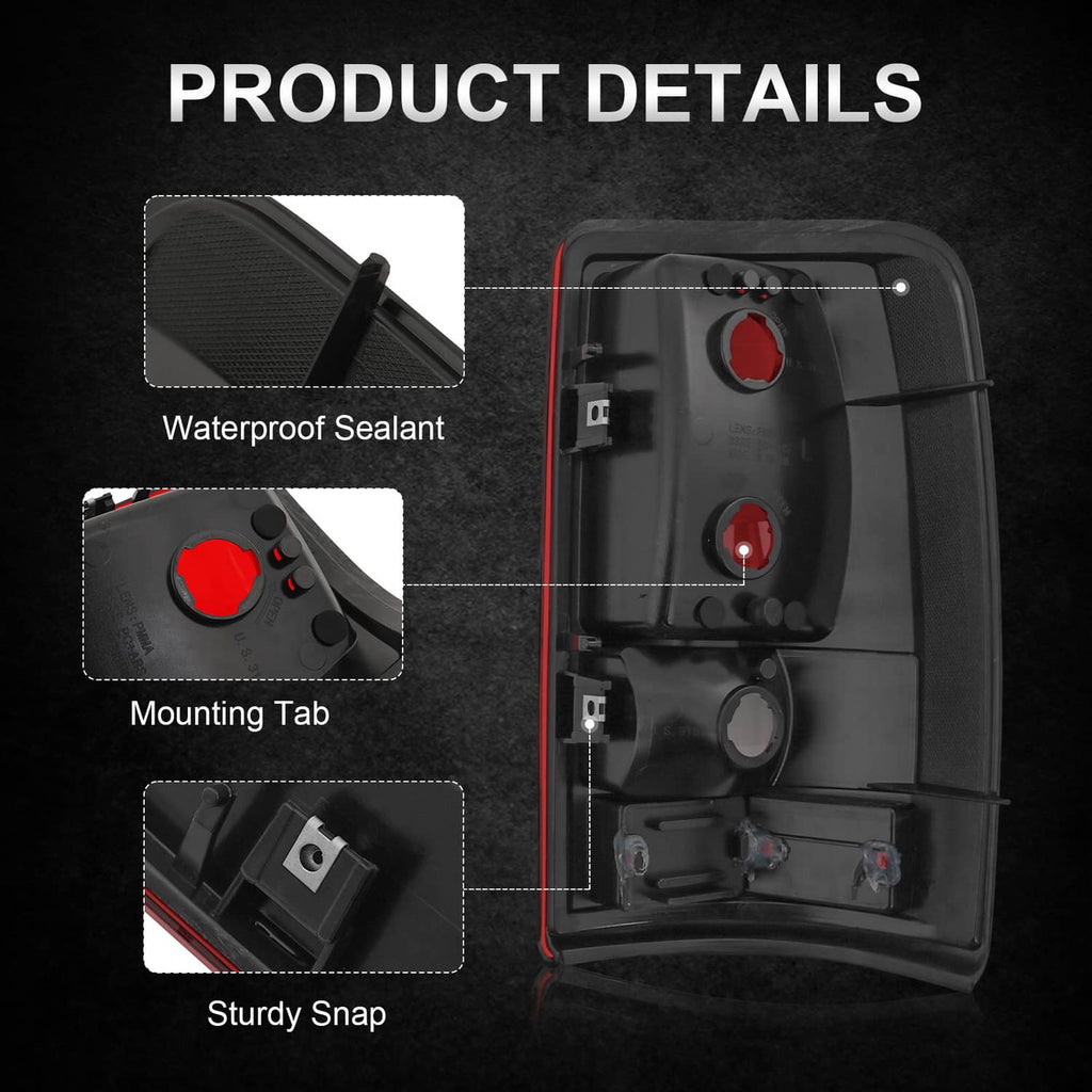 Black tail light housing showing waterproof sealant, mounting tab, and snap clips