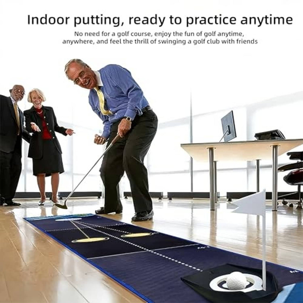 Indoor golf putting green mat with ball and target circles for alignment practice
