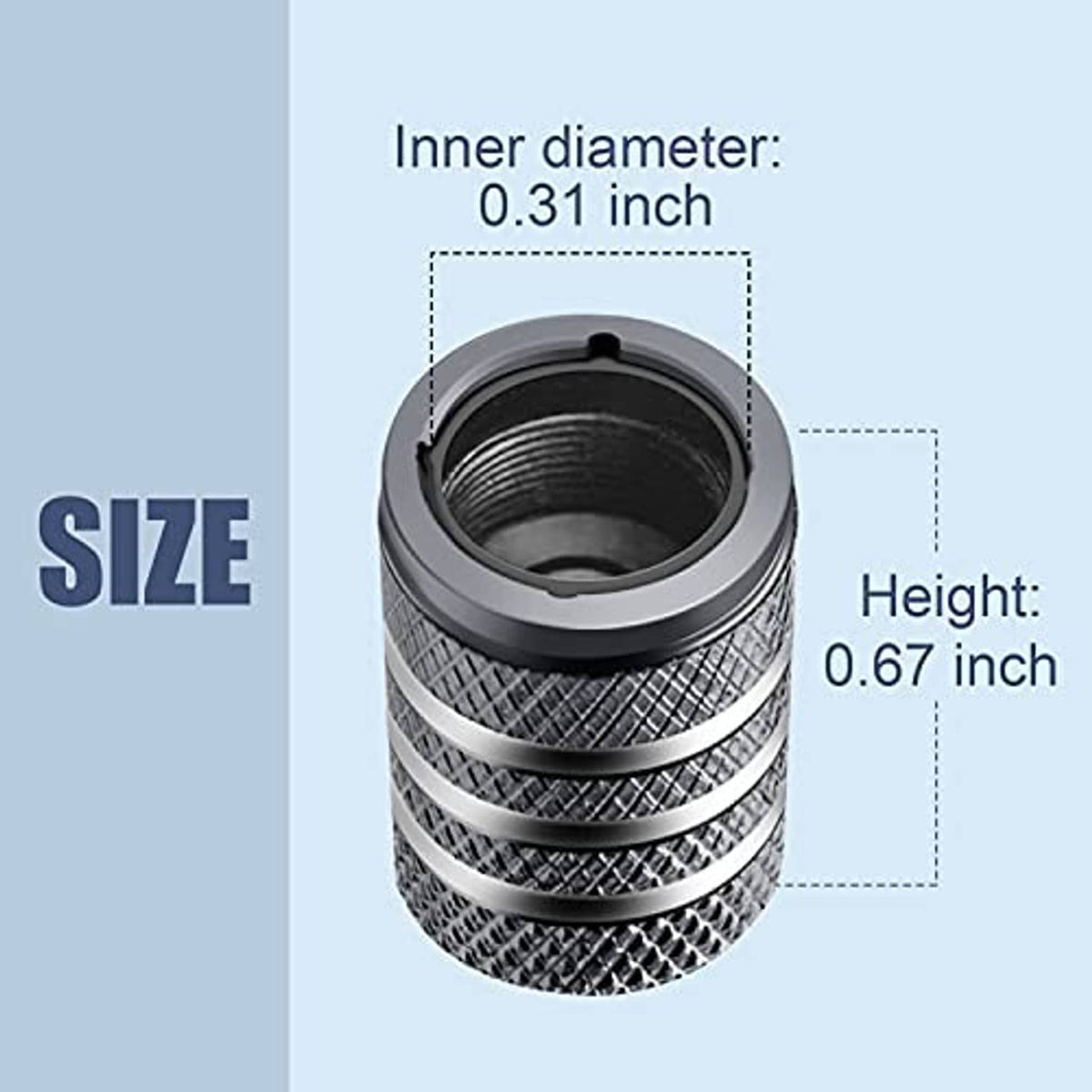 Grey tire valve stem cap with black inner opening and textured metal grip sleeve