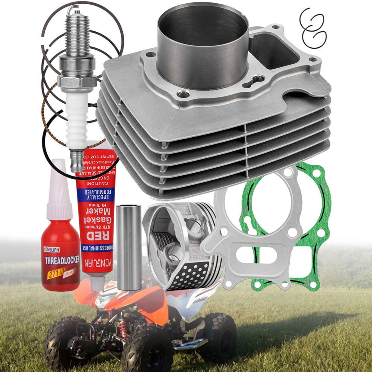 Aluminum cylinder kit with cylinder, piston rings, piston, gaskets, clips and wrist pin