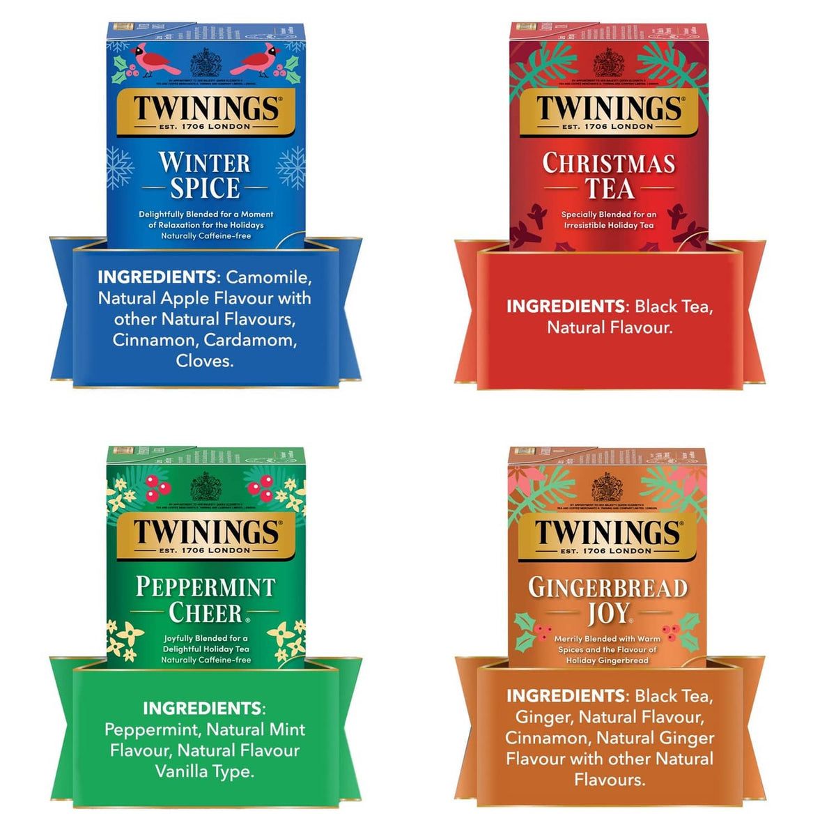 Four Twinings holiday tea bag cartons showing front panels with ingredient listings