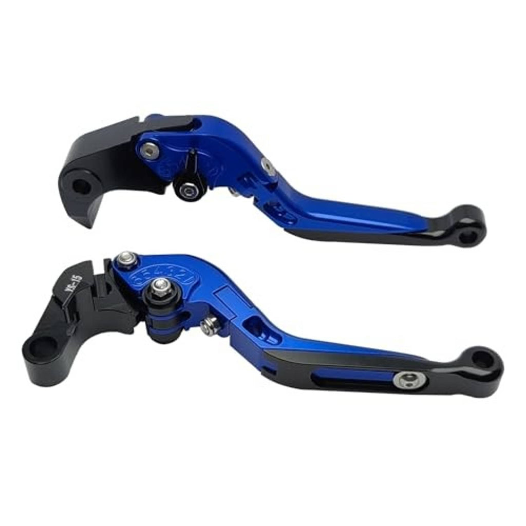 Blue motorcycle brake and clutch levers with black pivot mounts and end grips
