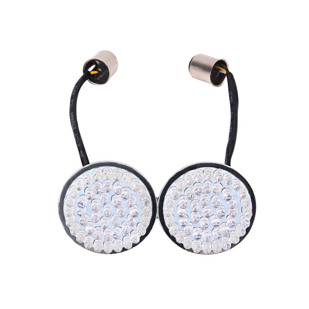 LED turn signal lights with two round clear lens bulbs and black wire leads