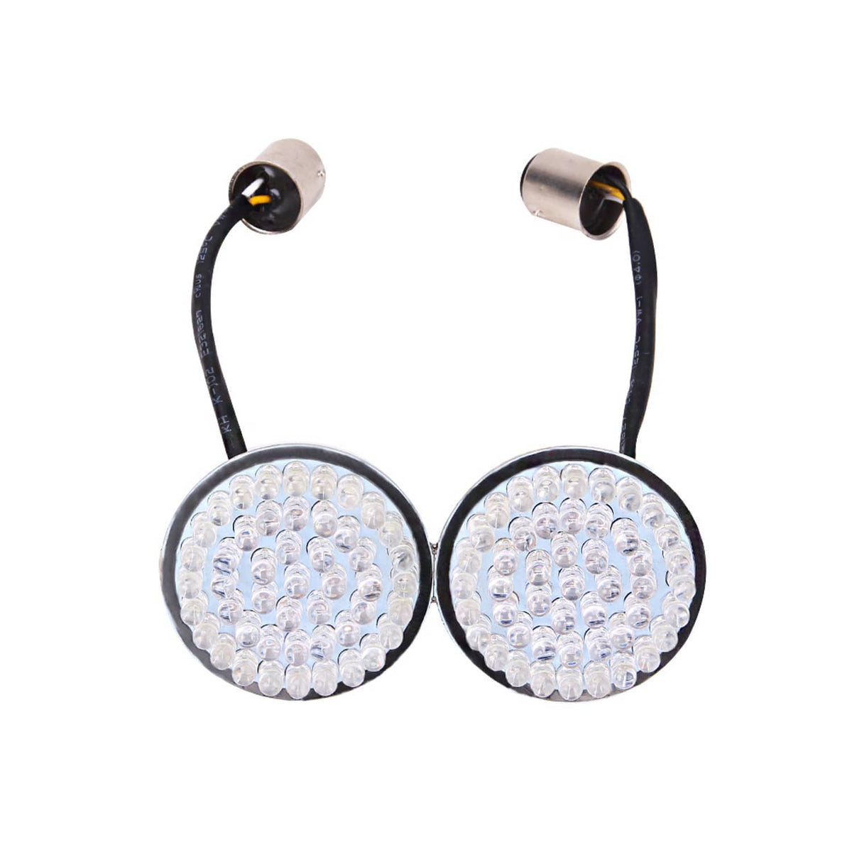 LED turn signal lights with two round clear lens bulbs and black wire leads